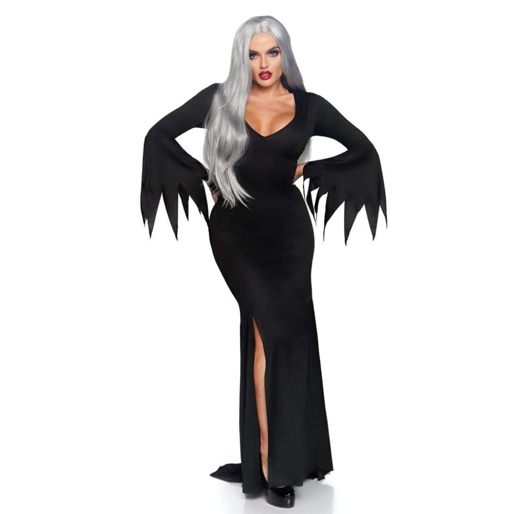 Floor Length Bodycon Gothic Dress  with High Leg Side Slit and Plunging V-Cut